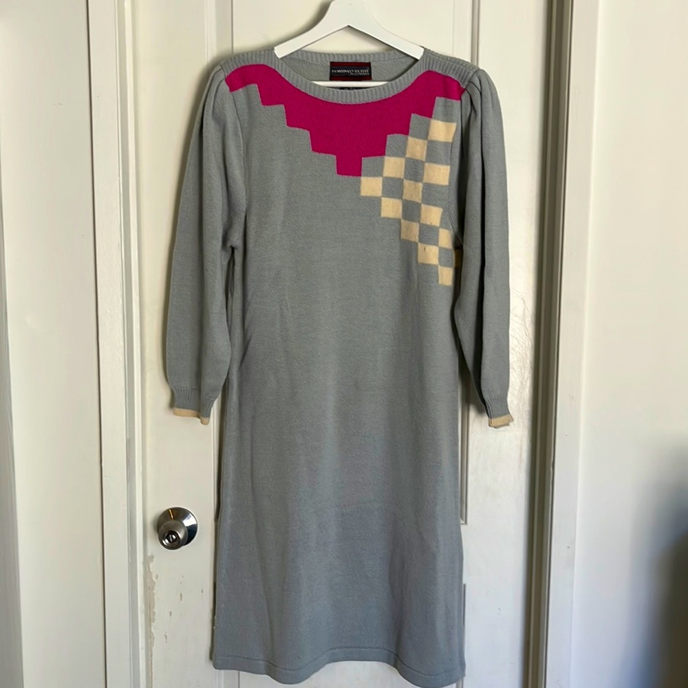 Vintage 1980s Grey and Pink Sweater Dress with Shoulder Pads